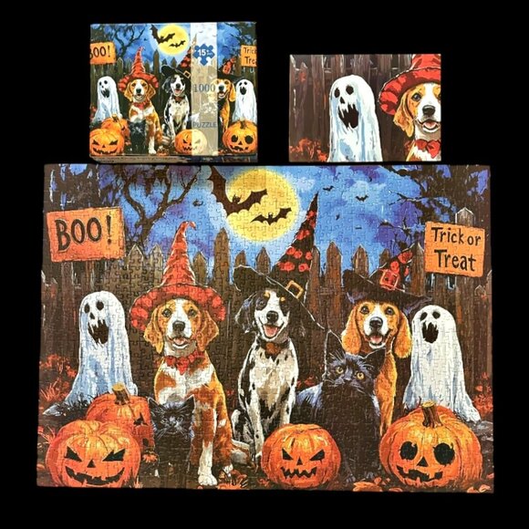 Halloween Jigsaw Puzzle 1000 Piece Cat Dog Party MINT MINT w Poster COMPLETE!!! - Picture 2 of 9